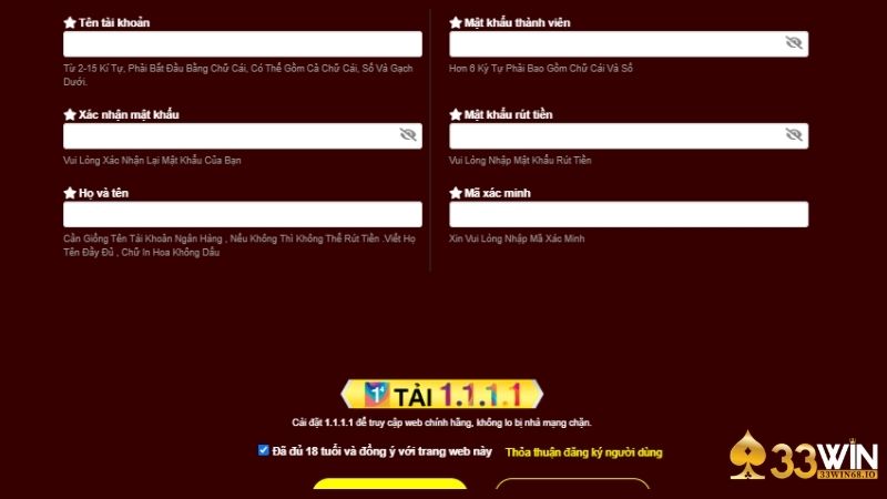 Biểu mẫu đăng ký 33Win được cập nhật mới nhất